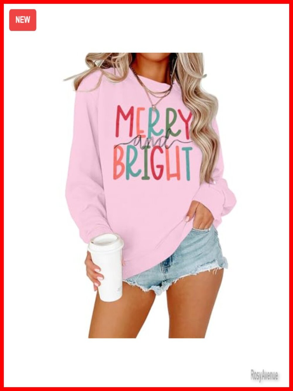 Oversized Christmas Sweatshirt Merry Bright Letter Print Crewneck Pullover
